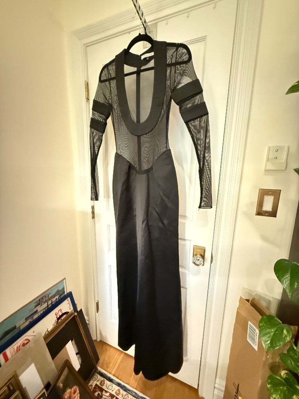 LaQuan Smith Scoop Neck Gown with Satin Trim in Black, Small